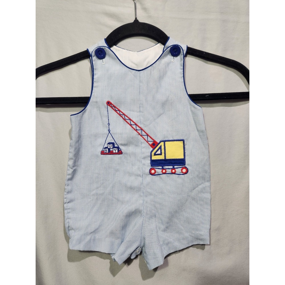 VTG TODDLE TYKE Crane Blue White Pinstripe‎ Romper Outfit Baby Boy Size 9 Months